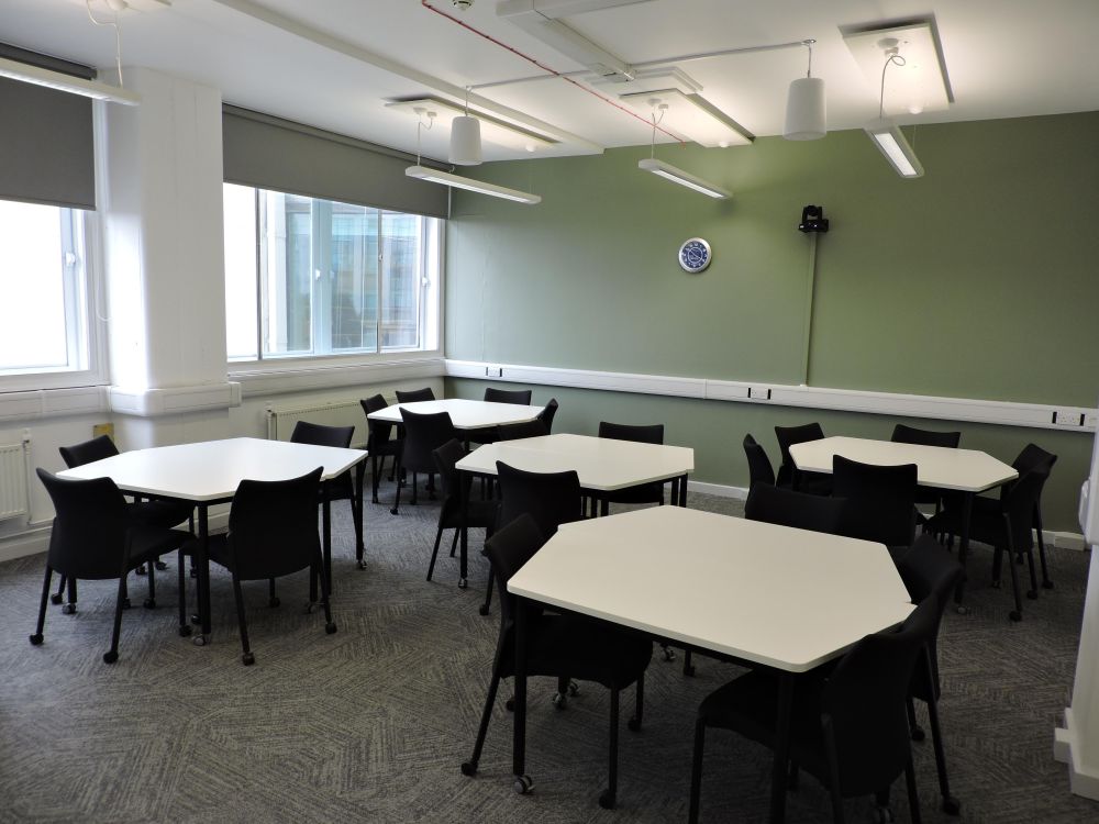 A room with hexagonal tables