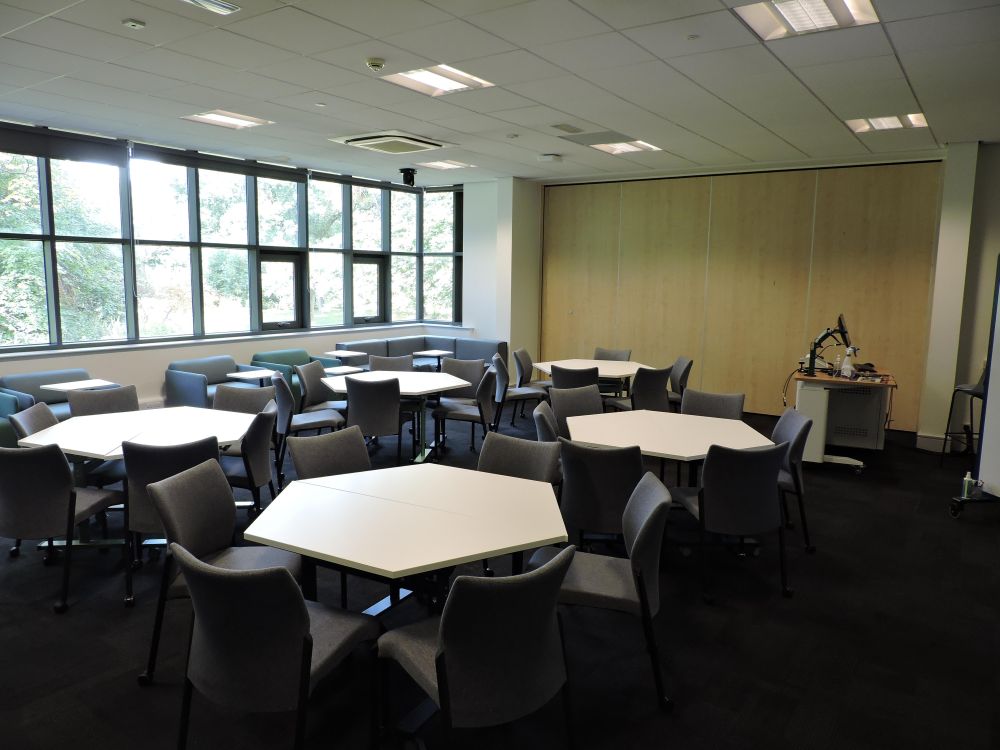 A room with hexagonal tables