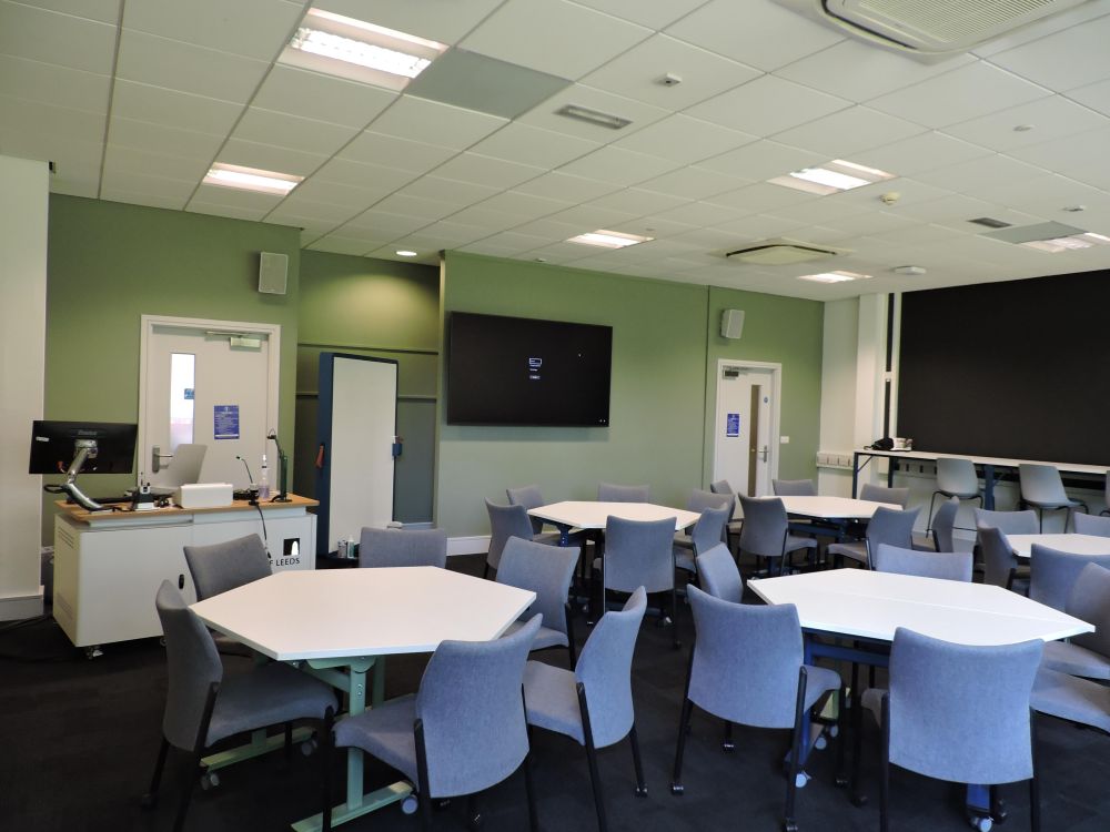 A room with hexagonal tables