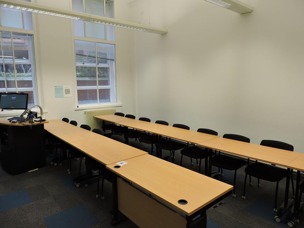 A room with tables