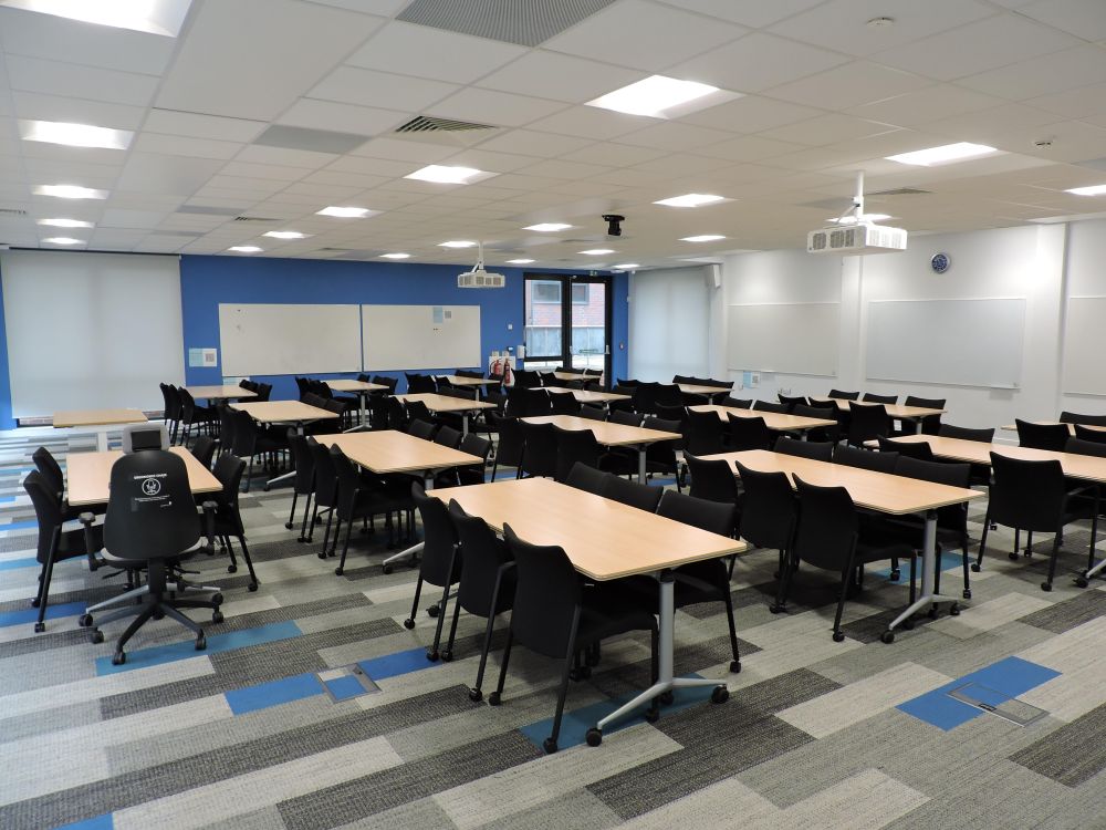 A room with tables