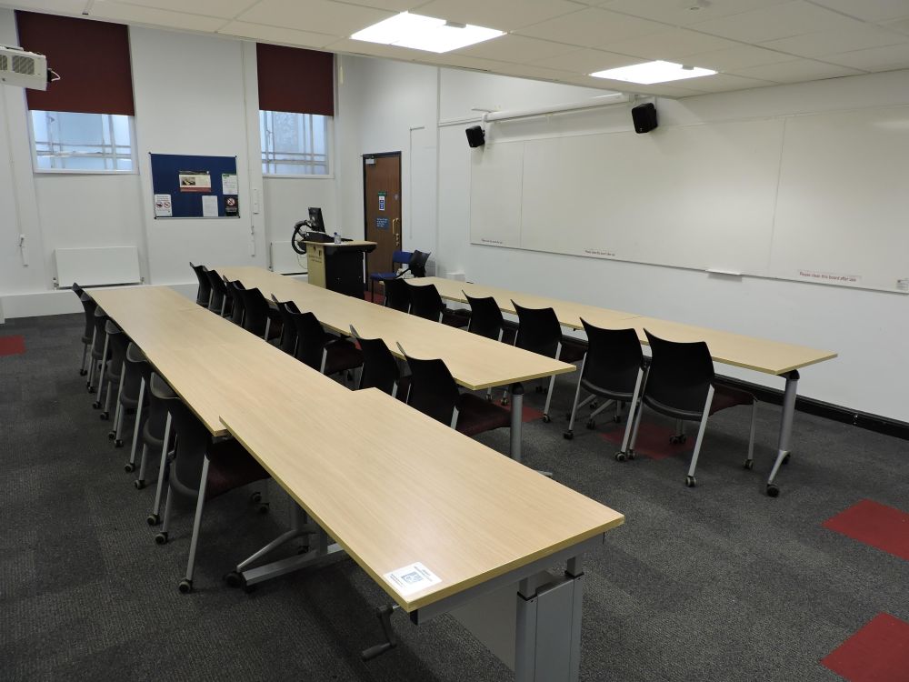 A room with tables