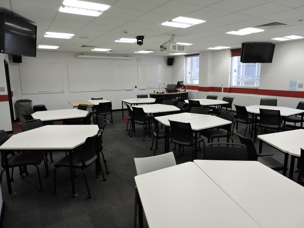 A room with tables