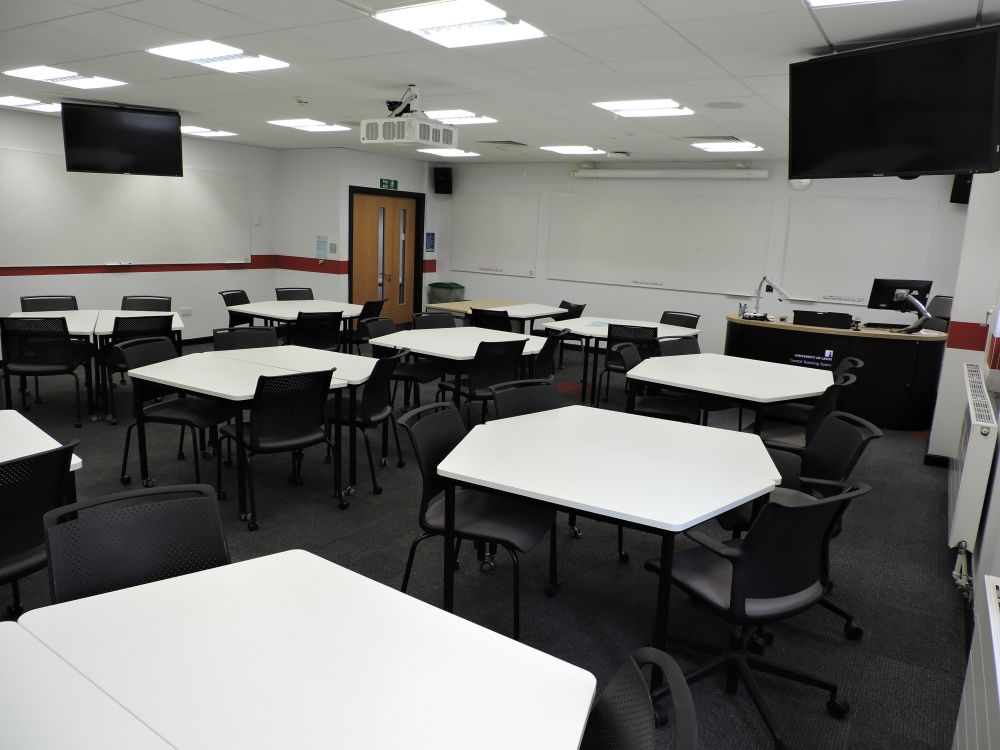 A room with tables