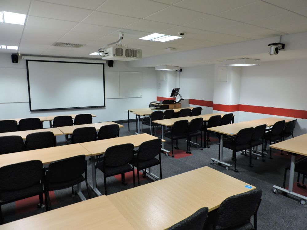 A room with tables