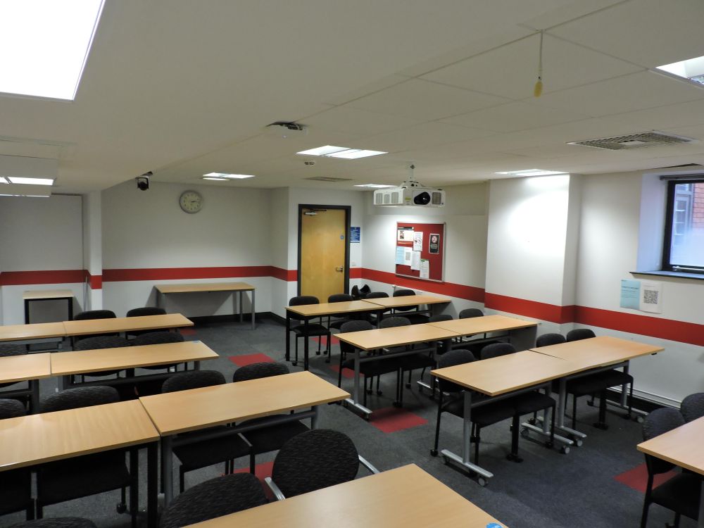 A room with tables