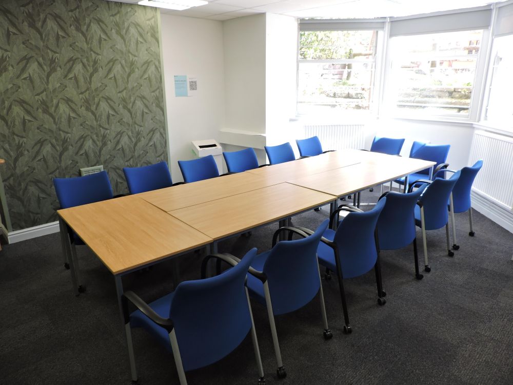 A room with a large table