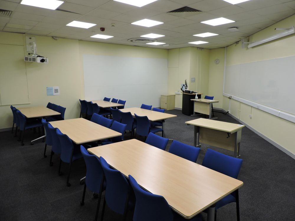 A room with tables