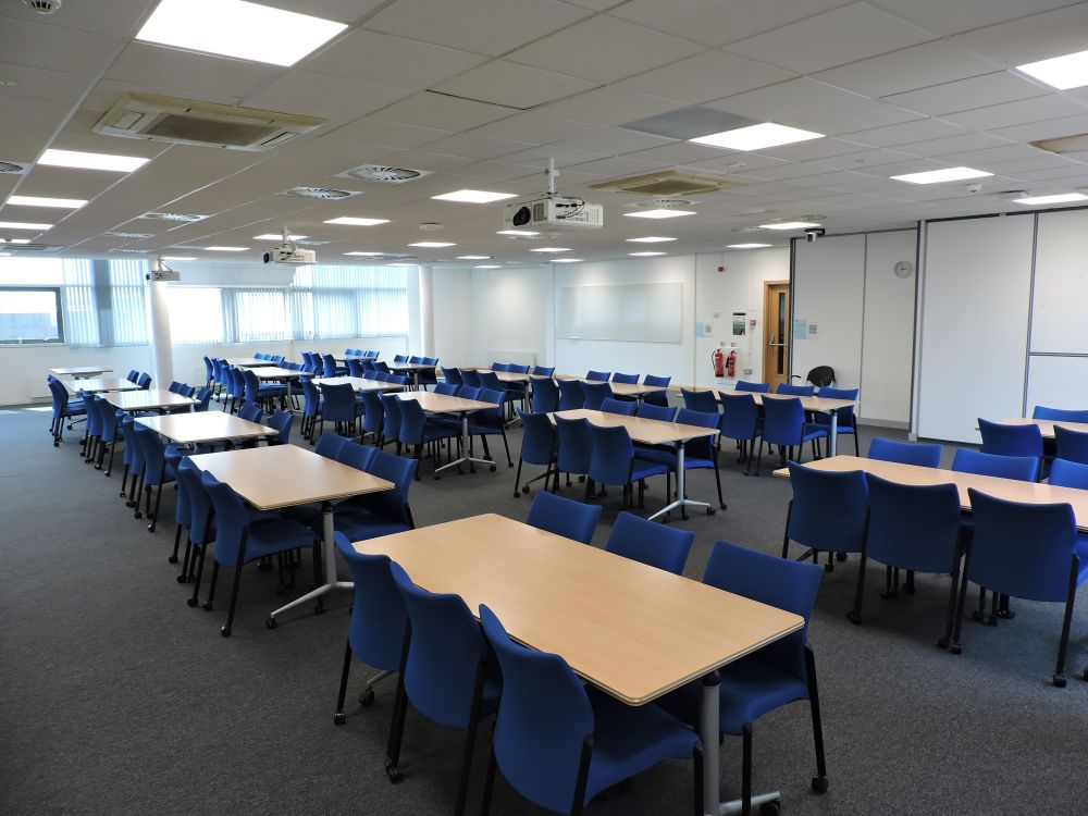 A room with tables