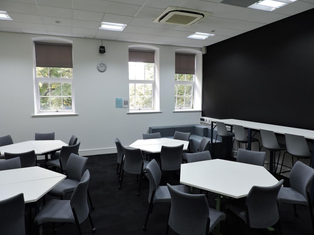 A room with tables