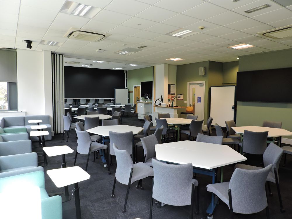 A room with tables