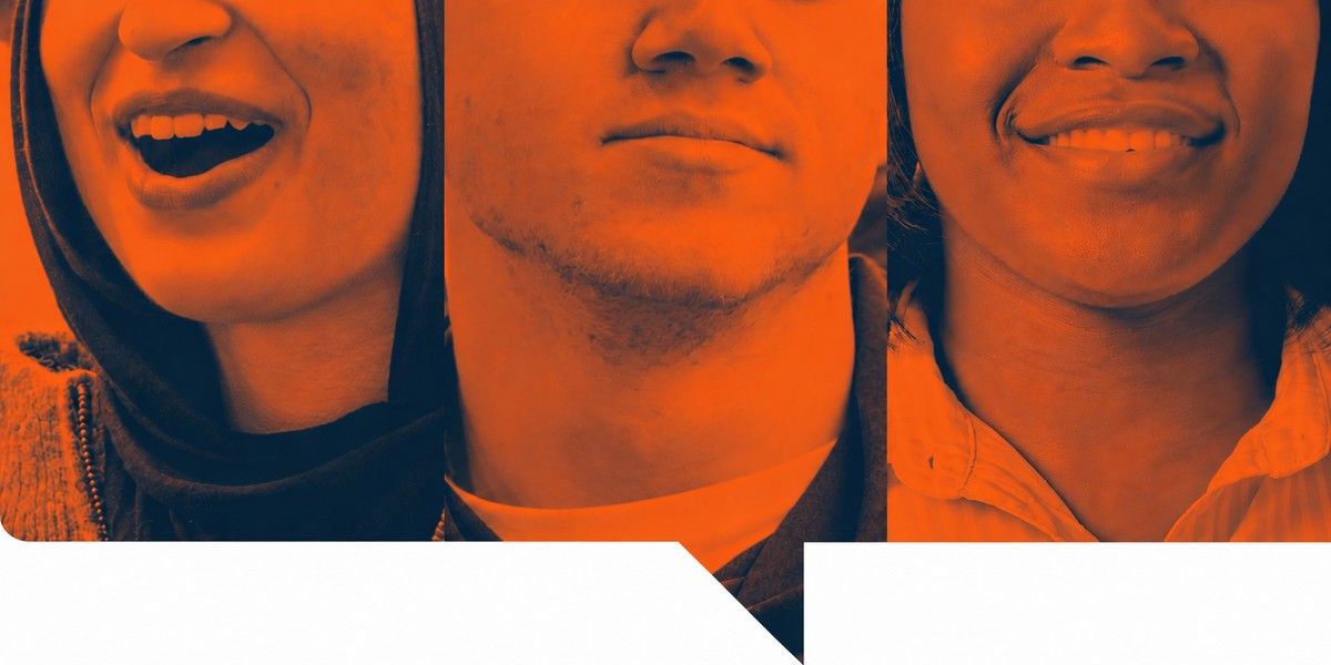 The lower half of three students faces in a speech bubble graphic.