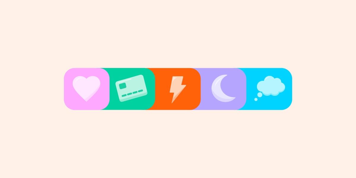5 multicoloured icons stacked in a line. Left to right: heart, debit card, lightning bolt, moon, thought bubble.