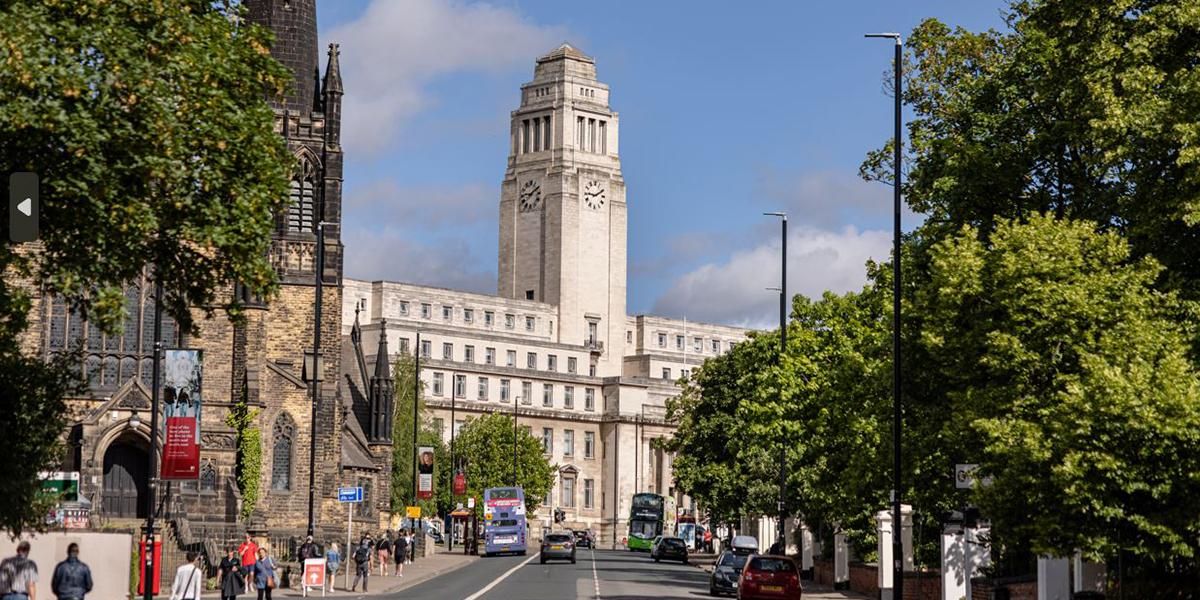 View of the Parkinson Building from Woodhouse Lane on a sunny day