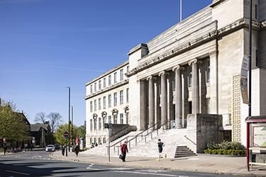 The steps of the Parkinson building and the entrance surrounded by grand columns