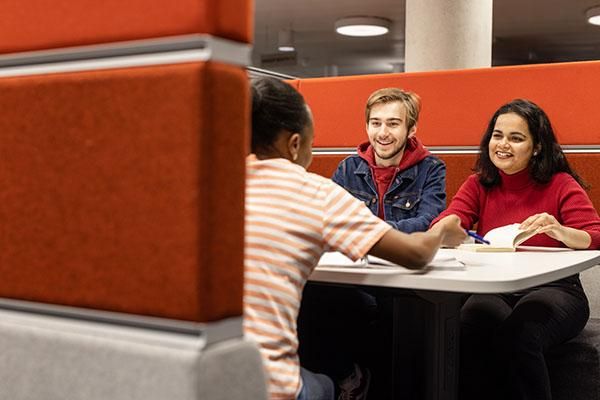 Link to Leeds ambassadors working in a booth in Laidlaw Library