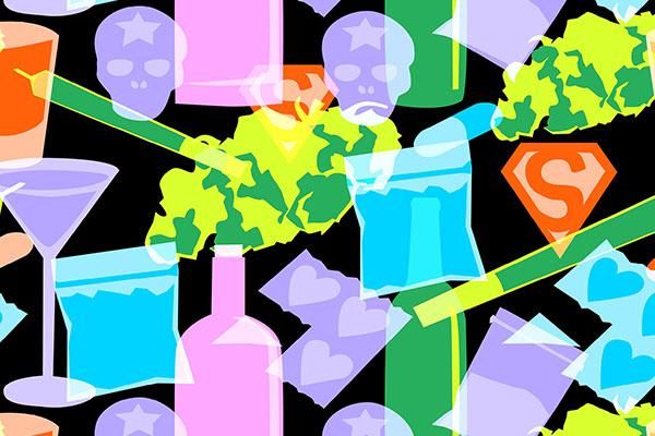 Graphic pattern of bags of drugs, skulls, bottles and cocktail glasses