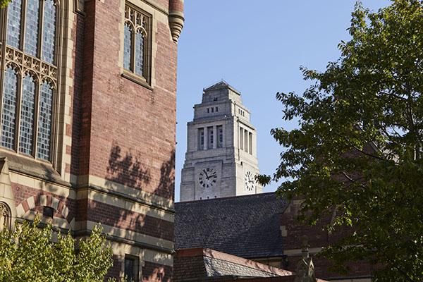 View of top of Parkinson tower and the Great Hall from the University Precinct