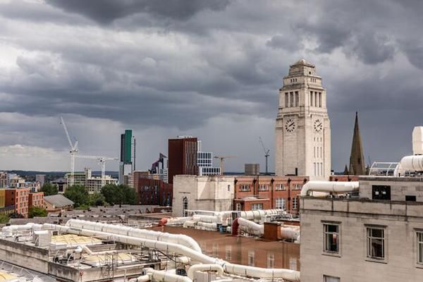 View of the Parkinson tower and Leeds city centre taken from the rooftops of the William Henry Bragg building