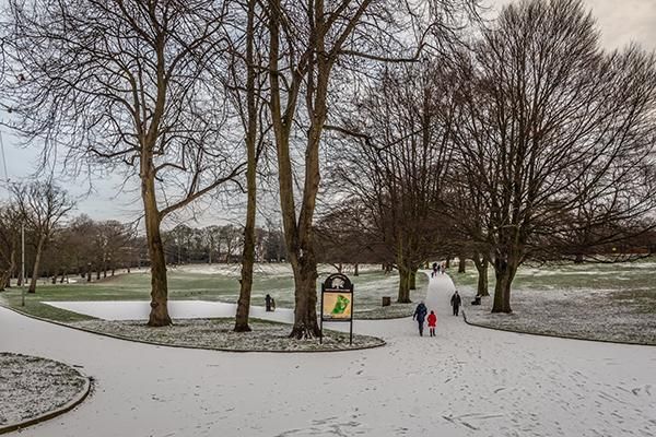 Potternewton Park with bare trees and snowy paths