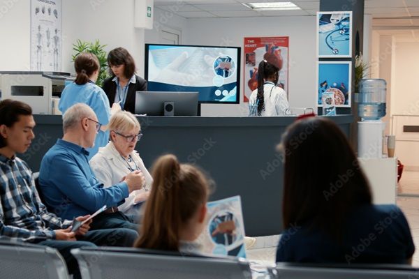 A busy medical waiting room, with people working on reception and patients waiting on chairs