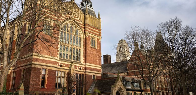 An exterior shot of the great hall entrance at the University of Leeds