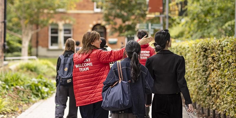 Students on a Welcome campus tour led by a student ambassador