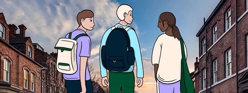 Illustration of three students walking across campus