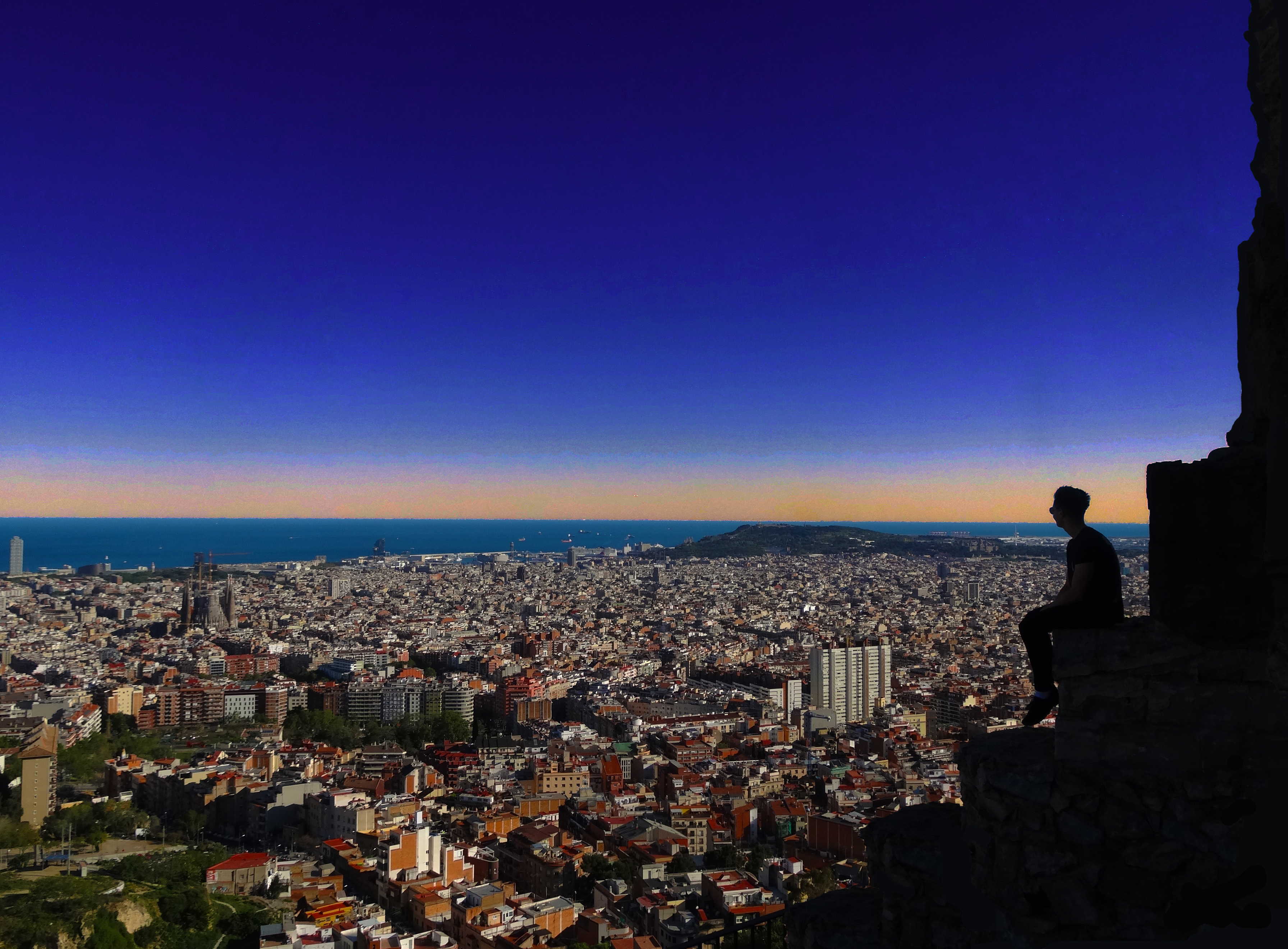 A person sat high up on a wall, looking out over a city skyline and the sea. 
