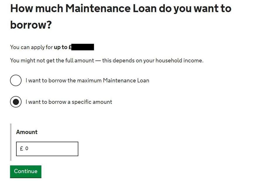 Screenshot of loan application form