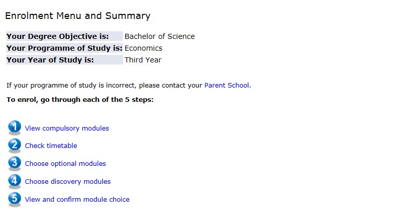 Enrolment menu and summary, displaying the five steps of the enrolment checklist